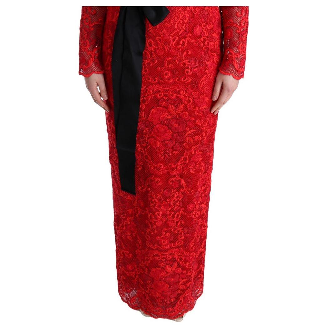 Dolce & Gabbana Red Floral Ricamo Sheath Long Dress