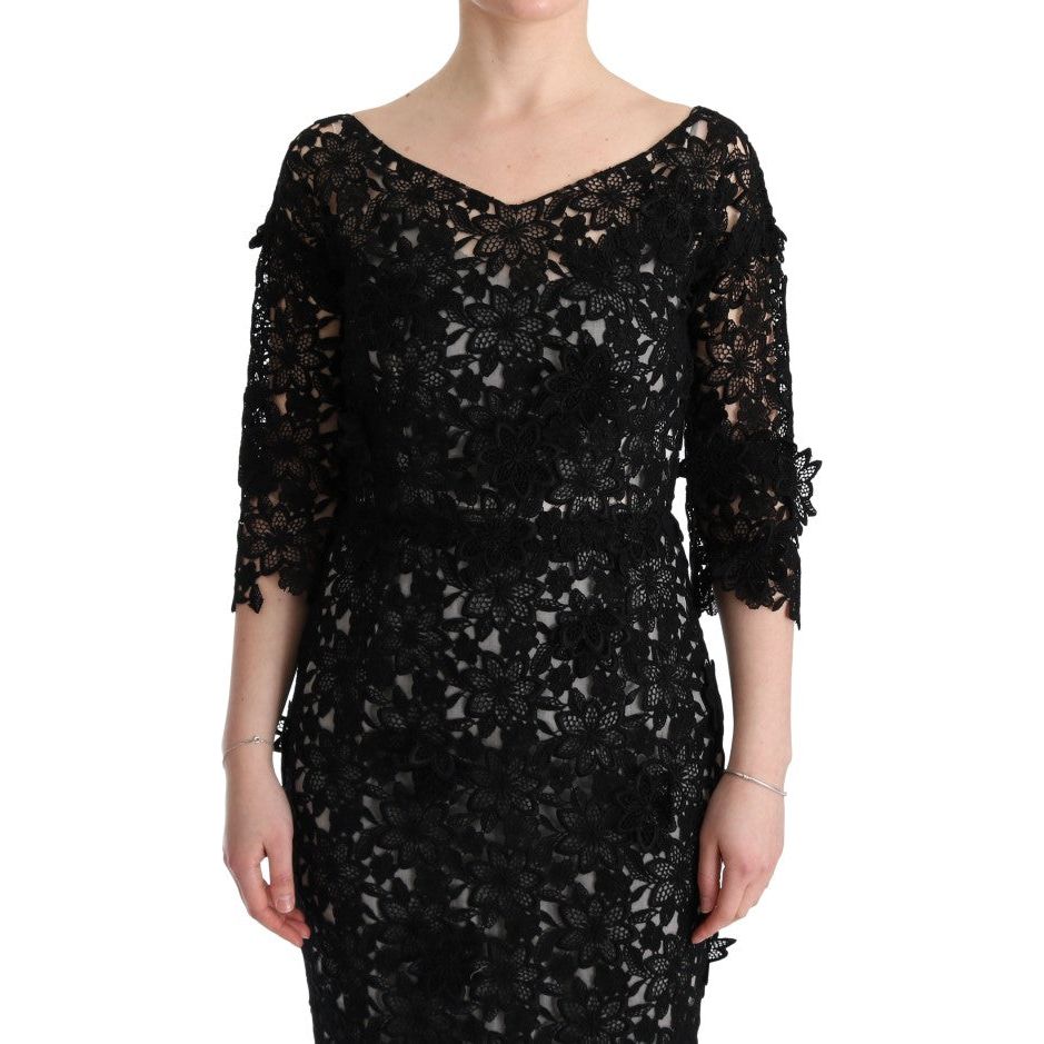 Elegant Black Maxi Shift Dress with Floral Applique