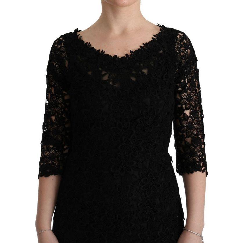 Dolce & Gabbana Black Floral Ricamo Sheath Long Dress