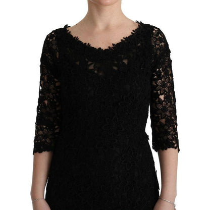 Dolce & Gabbana Black Floral Ricamo Sheath Long Dress
