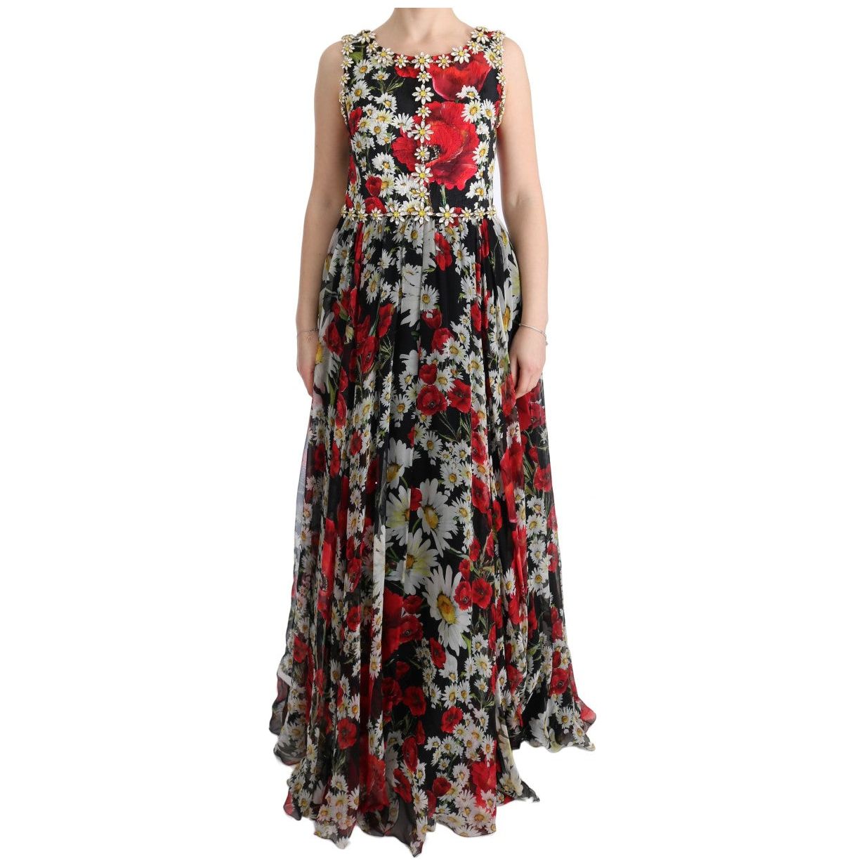 Floral Maxi Gown with Sunflower Print and Crystals