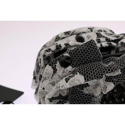 Dolce & Gabbana Black White Floral Lace Crystal Hair Claw