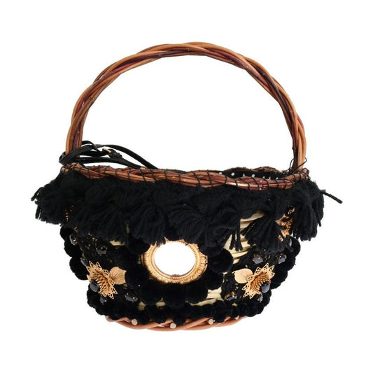 Chic Beige & Black Straw Snakeskin Bucket Bag