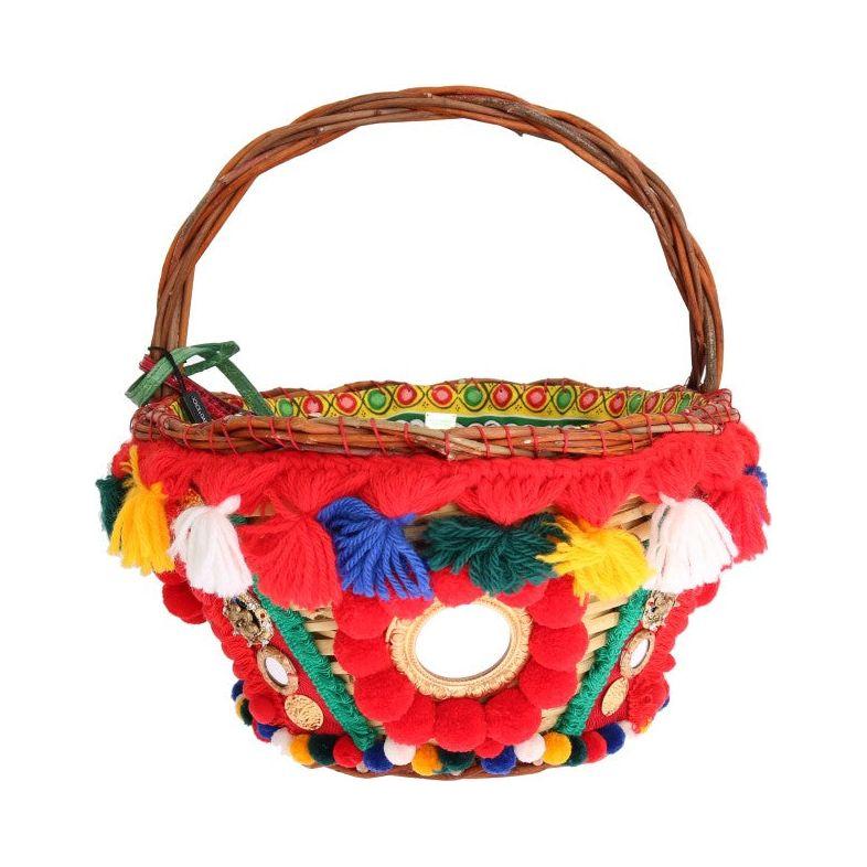 Dolce & Gabbana Multicolor AGNESE Straw Crystal  Pom Pom Bag