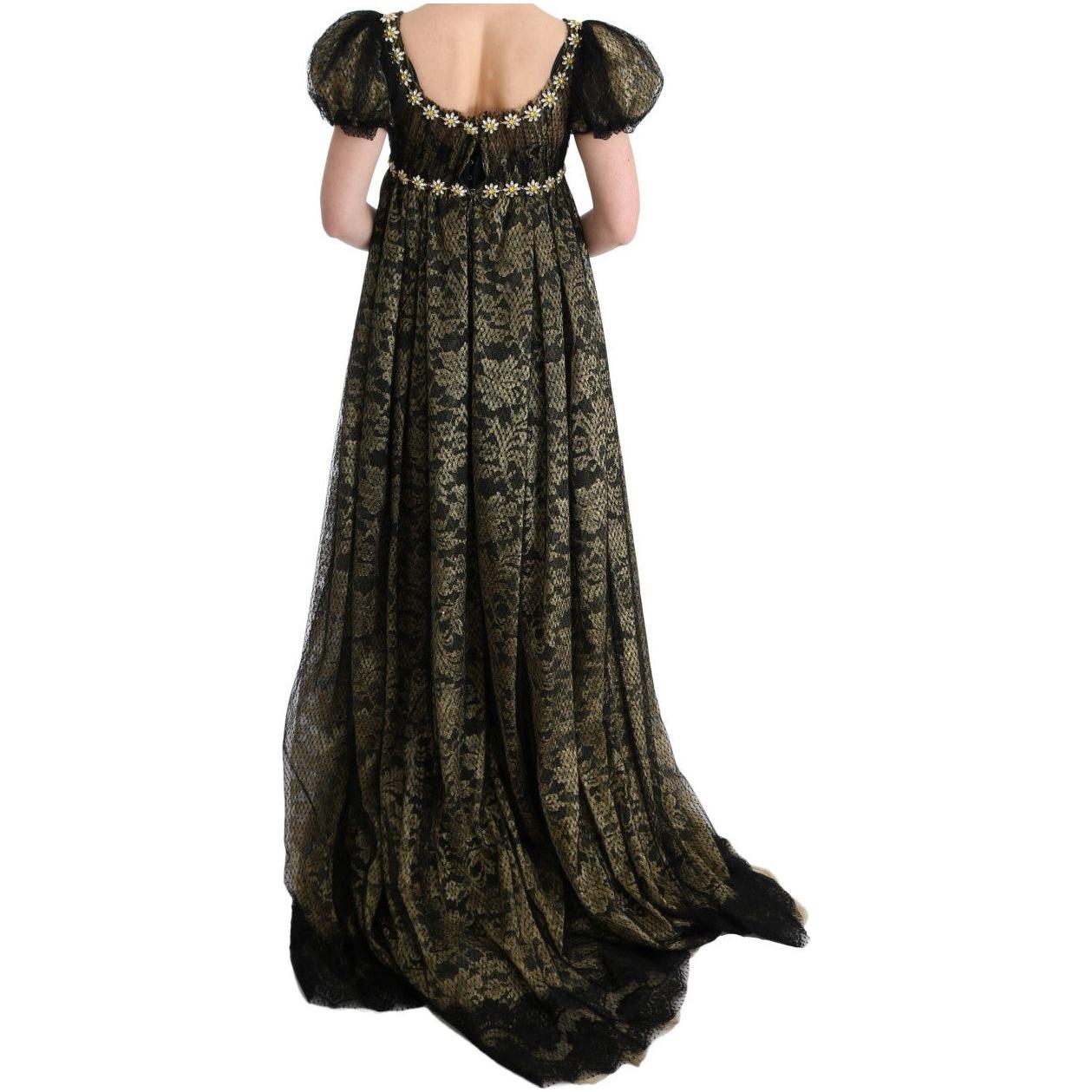 فستان ماكسي من دولتشي آند غابانا بطبعات عباد الشمس والدانتيل والكريستال