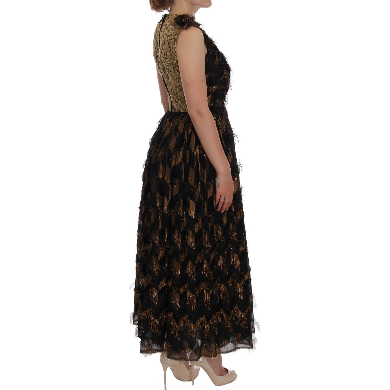 Dolce & Gabbana Elegant A-Line Full Length Sleeveless Dress black-silk-brown-fringes-a-line-dress