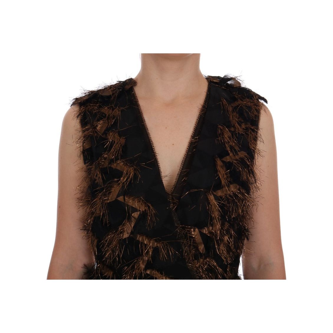 Dolce & Gabbana Elegant A-Line Full Length Sleeveless Dress black-silk-brown-fringes-a-line-dress