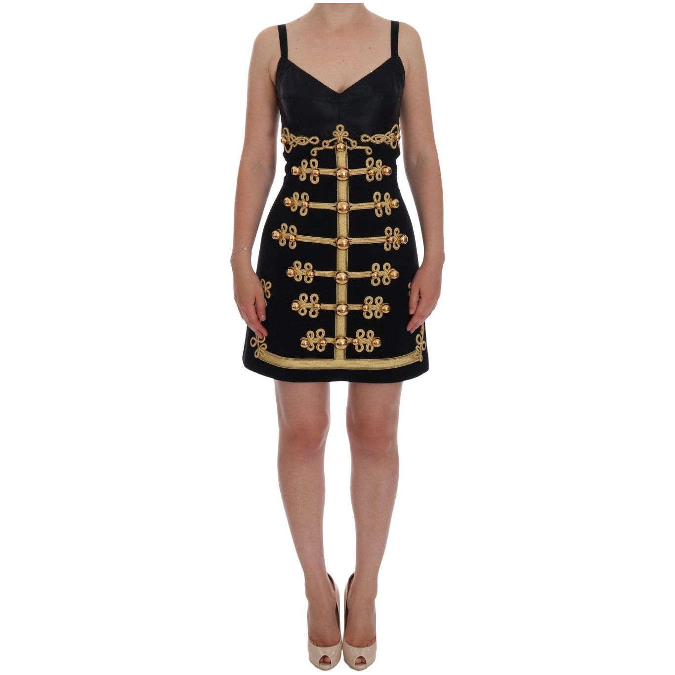 Elegant Black A-Line Sleeveless Dress with Gold Details