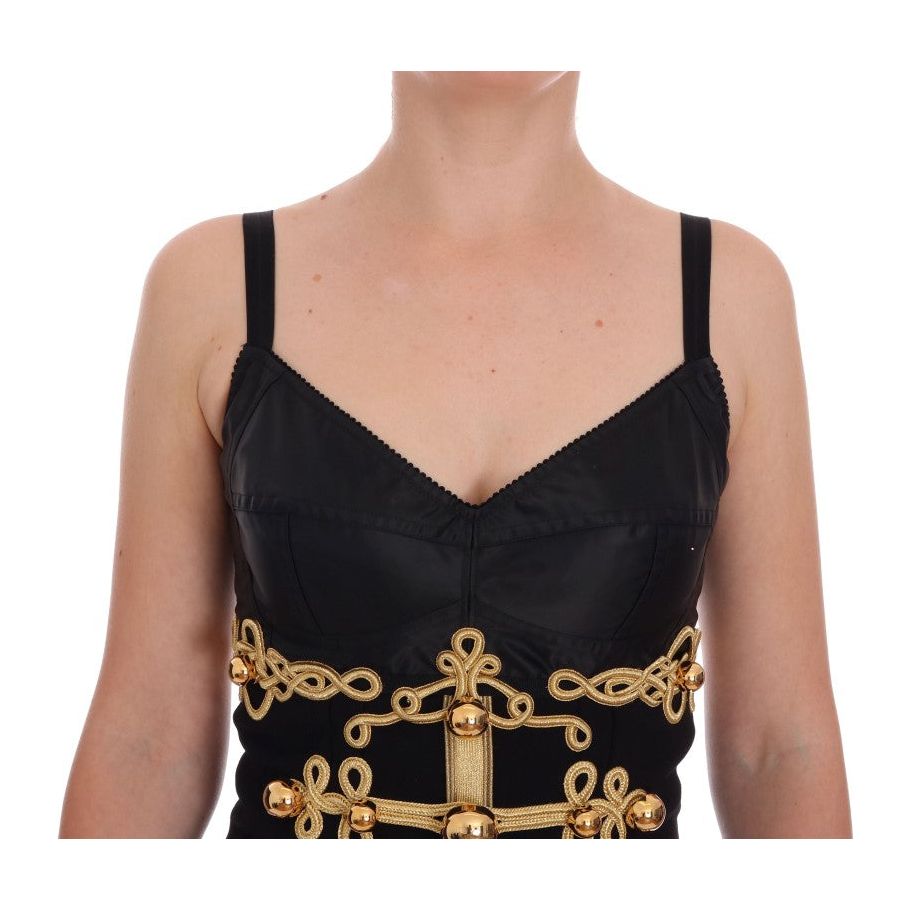 Elegant Black A-Line Sleeveless Dress with Gold Details