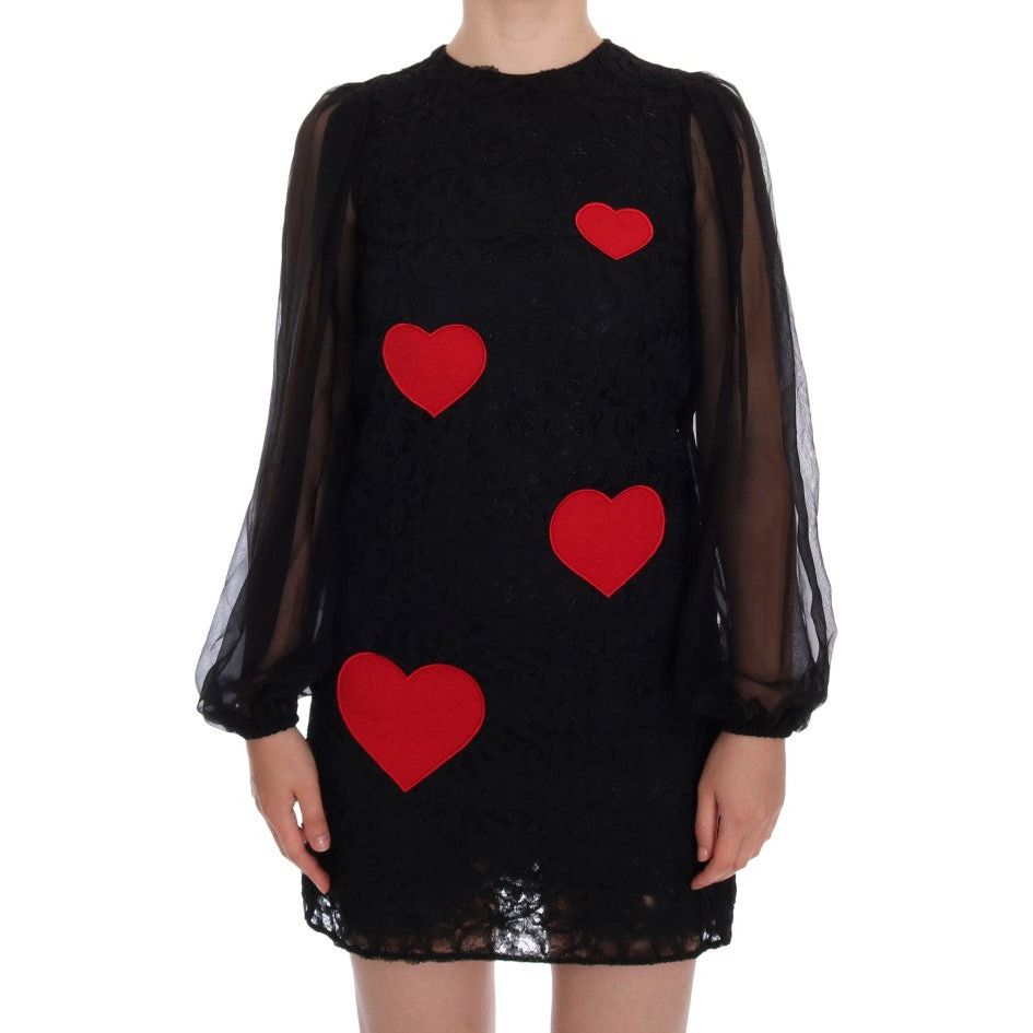Dolce & Gabbana Elegant Black Lace Heart Applique Shift Dress black-lace-red-heart-shift-dress