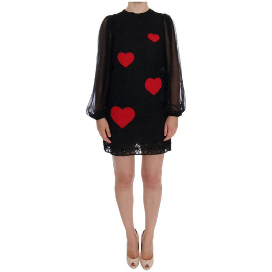Dolce & Gabbana Black Lace Red Heart Shift Dress Dolce & Gabbana