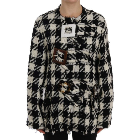 Dolce & Gabbana Elegant Woven Monochrome Jacket Coats & Jackets black-white-wool-knitted-crystal-jacket