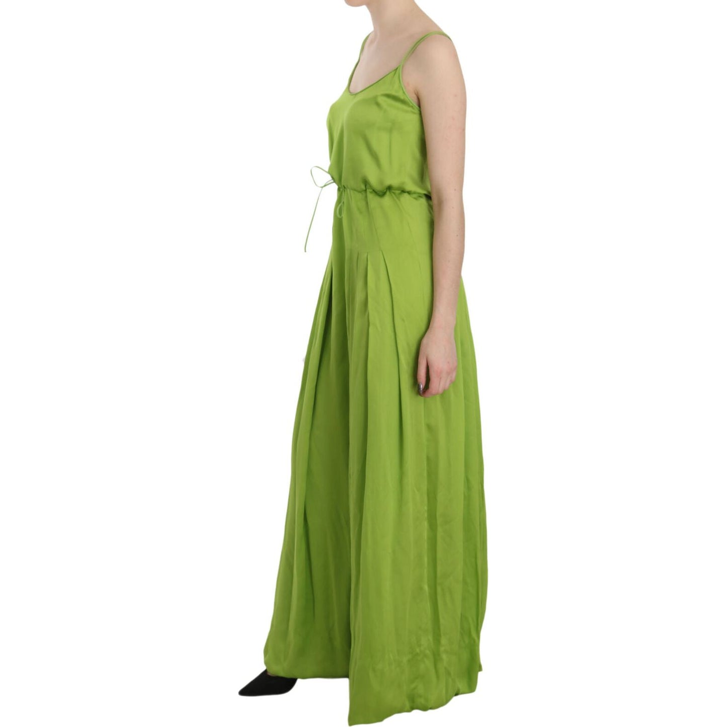 Green Spaghetti Strap Long A-line Pleated Dress