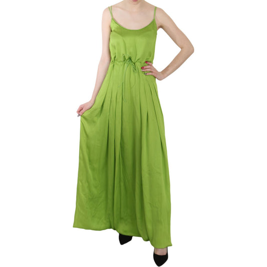 Green Spaghetti Strap Long A-line Pleated Dress