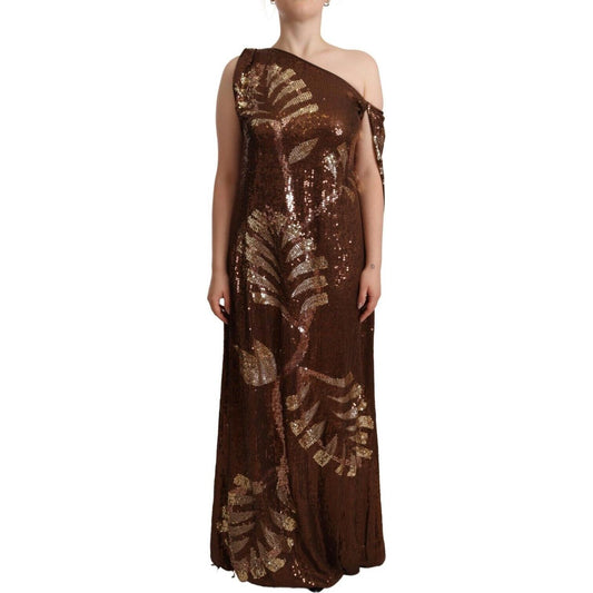 Brown Leaf Sequined Shift One Shoulder Long Dress