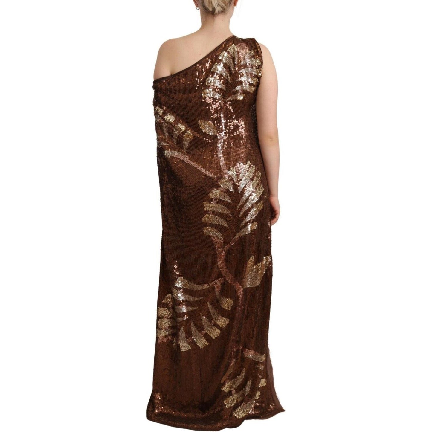 Brown Leaf Sequined Shift One Shoulder Long Dress