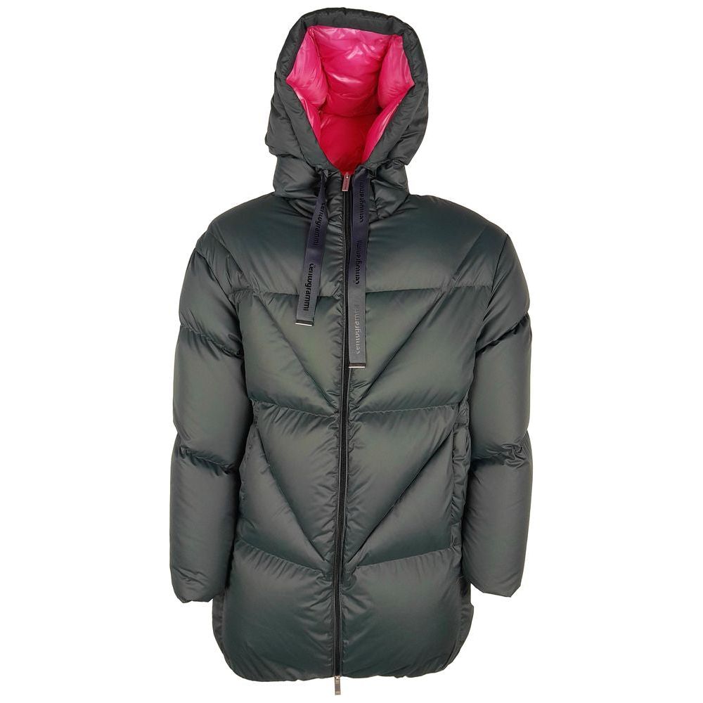 Elegant Fuchsia-Lined Grey Down Duvet Jacket