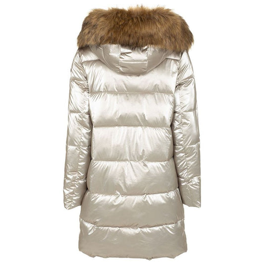 Chic Gray Eco-Fur Trimmed Long Down Jacket