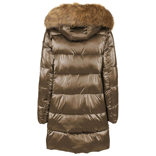 Imperfect Eco-Chic Brown Down Jacket with Faux Fur Hood Imperfect