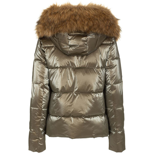 Eco-Fur Hooded Down Jacket in Brown Imperfect