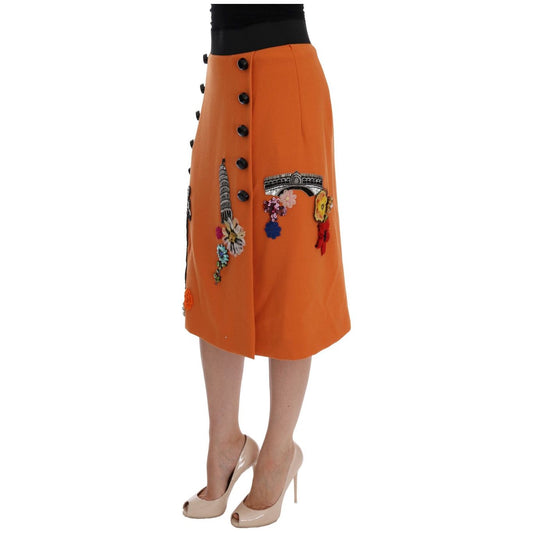 Embellished Wool Skirt in Vivid Orange