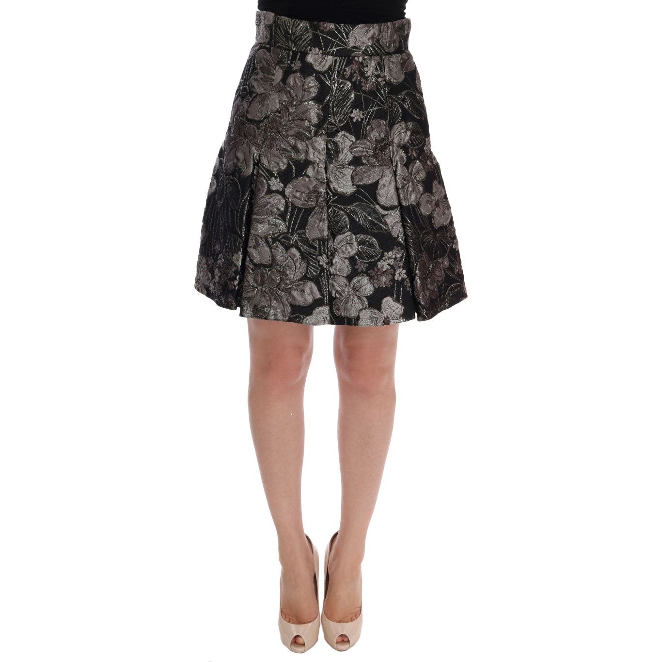 Elegant Black Silver-Floral Straight Skirt