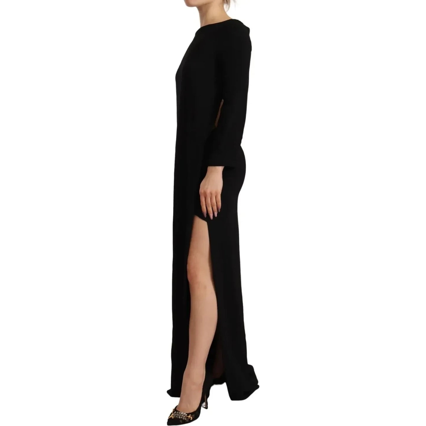 Black Long Sleeves Side Slit Floor Length Dress