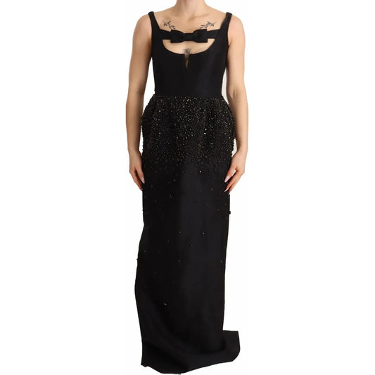 Black Embellish Sleeveless Ribbon Floor Length Dress