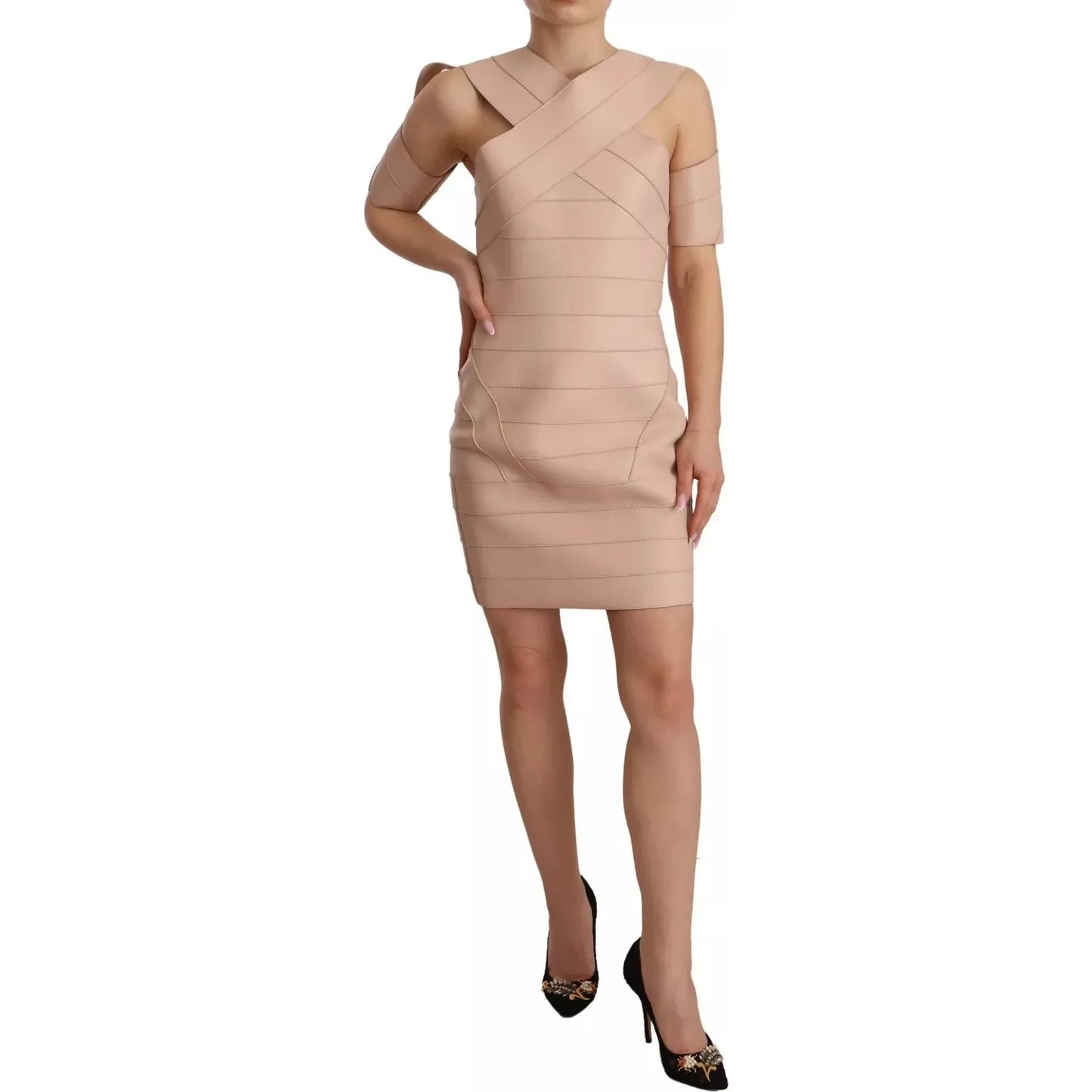 Beige Leather Open Shoulder Sheath Mini Dress