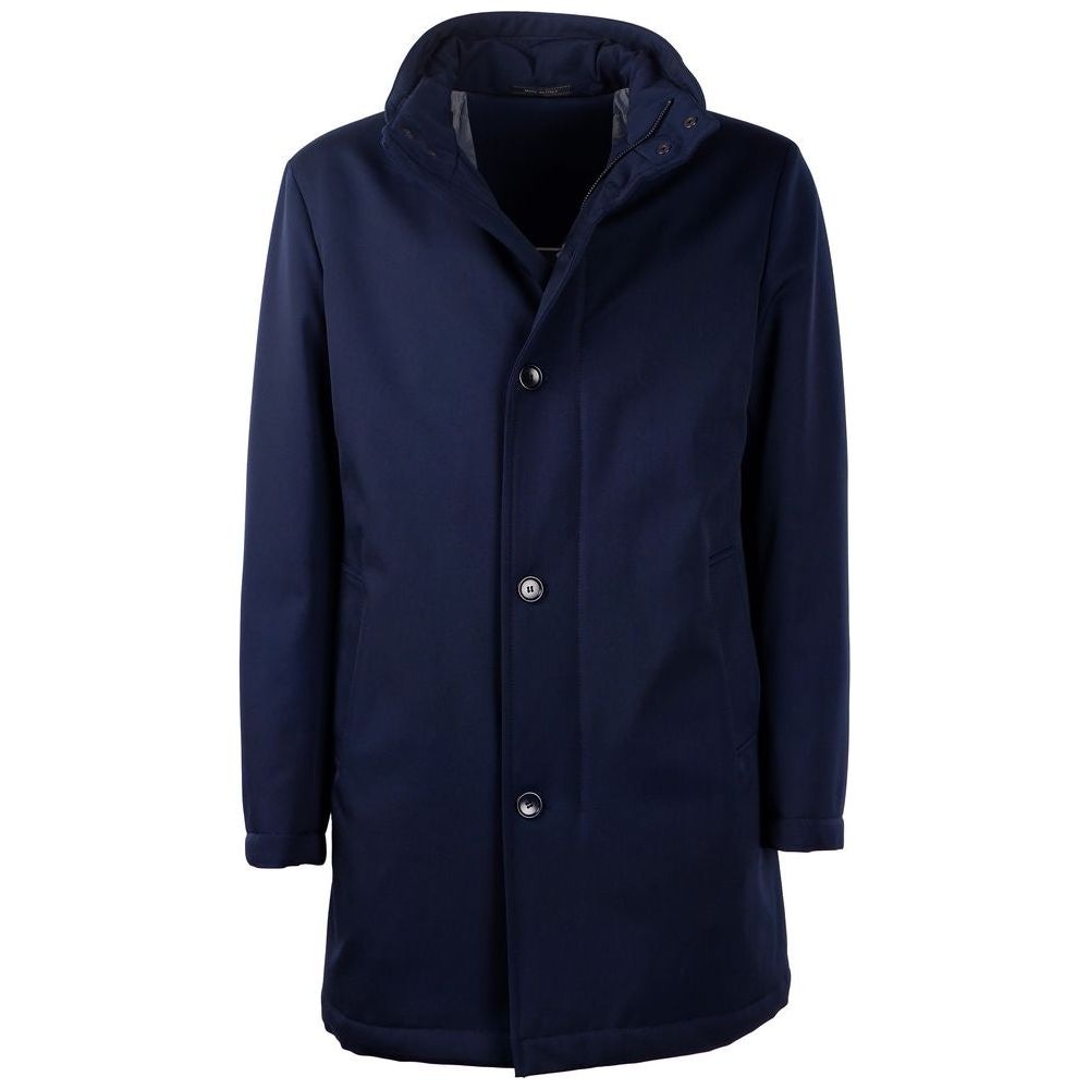 Elegant Blue Virgin Wool Storm System Coat