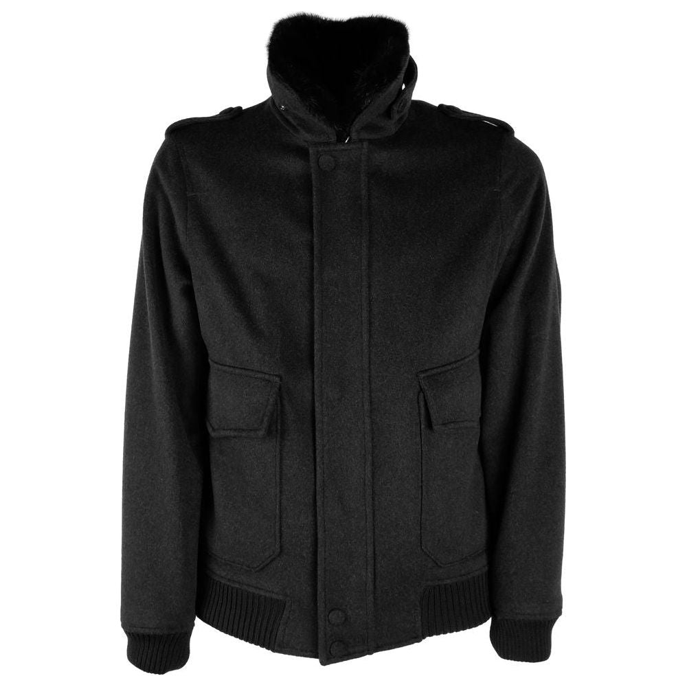 Elegant Virgin Wool Men's Bomber with Fur Collar