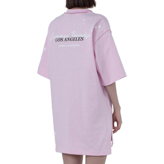 Chic Pink Cotton T-Shirt Dress with Unique Print