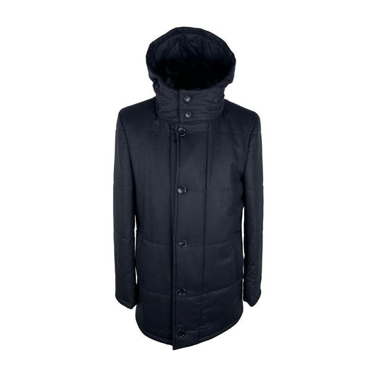 Elegant Blue Wool-Cashmere Coat with Hood