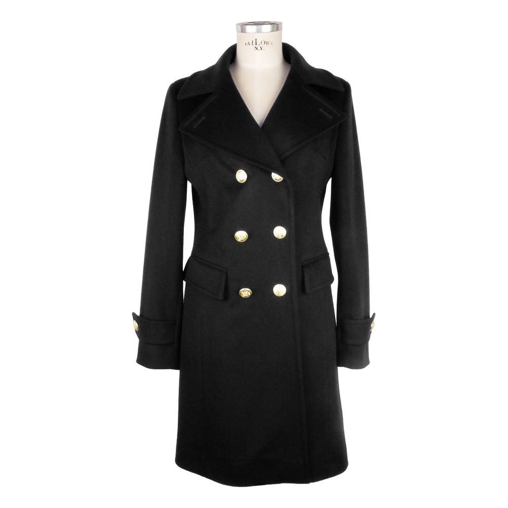 Elegant Black Woolen Coat with Gold Buttons