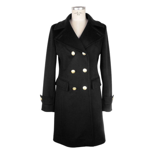 Elegant Black Woolen Coat with Gold Buttons