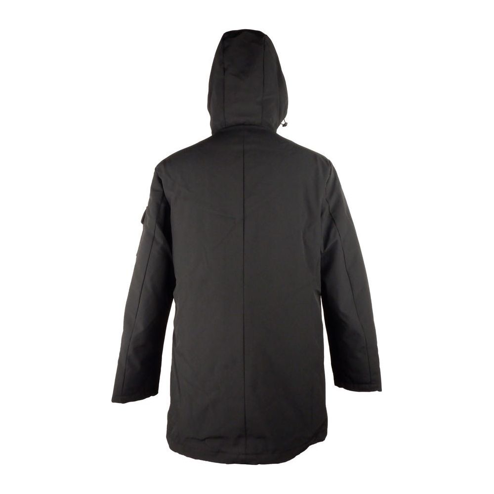 Sleek Hooded Long Jacket with Zip and Button Closure