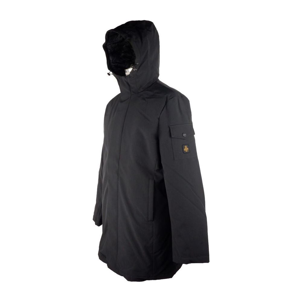 Sleek Hooded Long Jacket with Zip and Button Closure