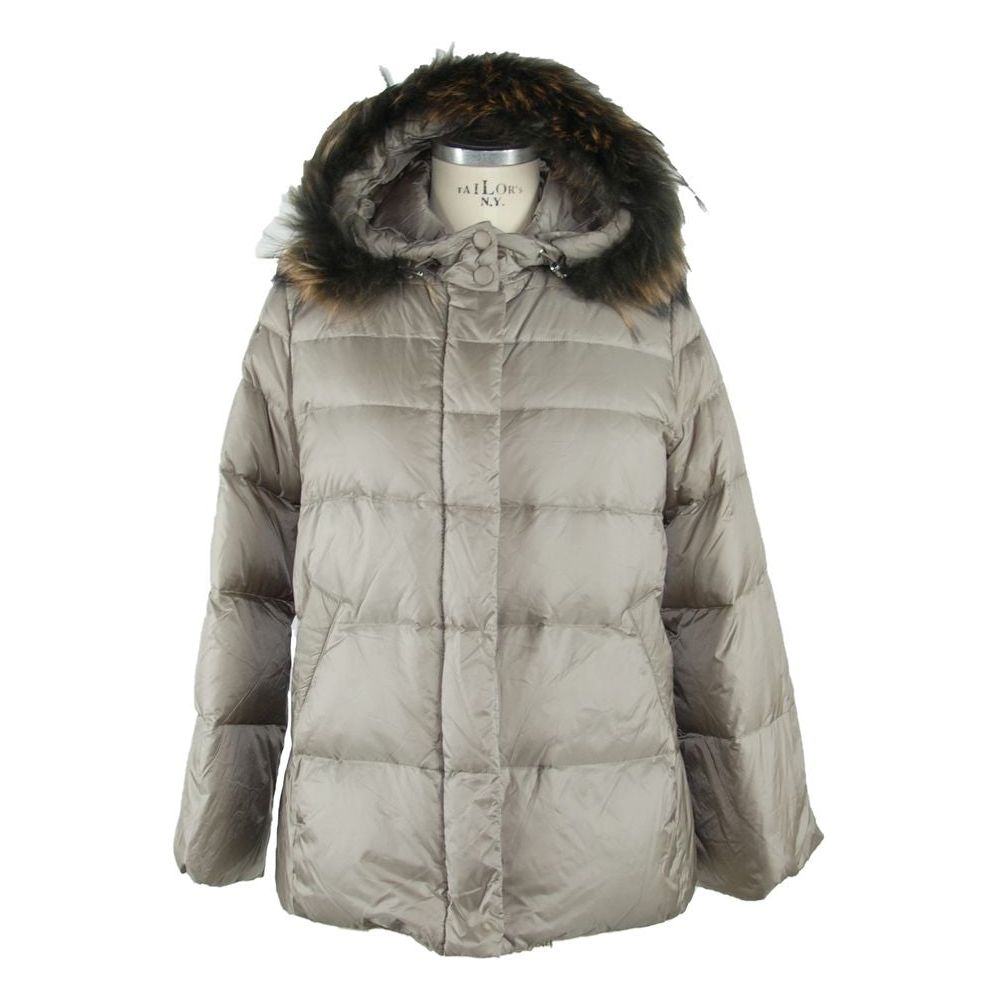 Elegant Gray Polyamide Fur-Trimmed Coat