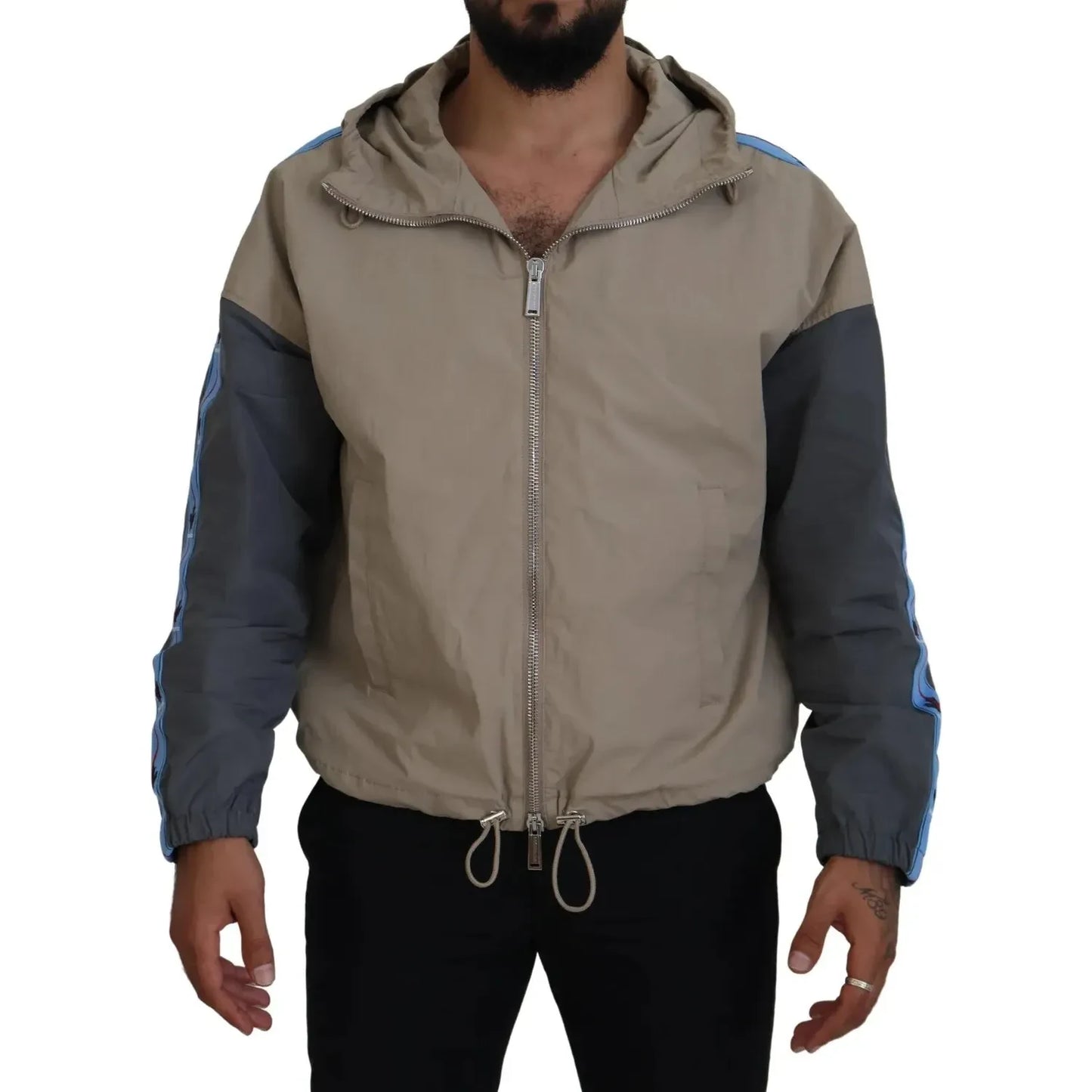 Brown Gray Sleeves Hooded Full Zip Jacket