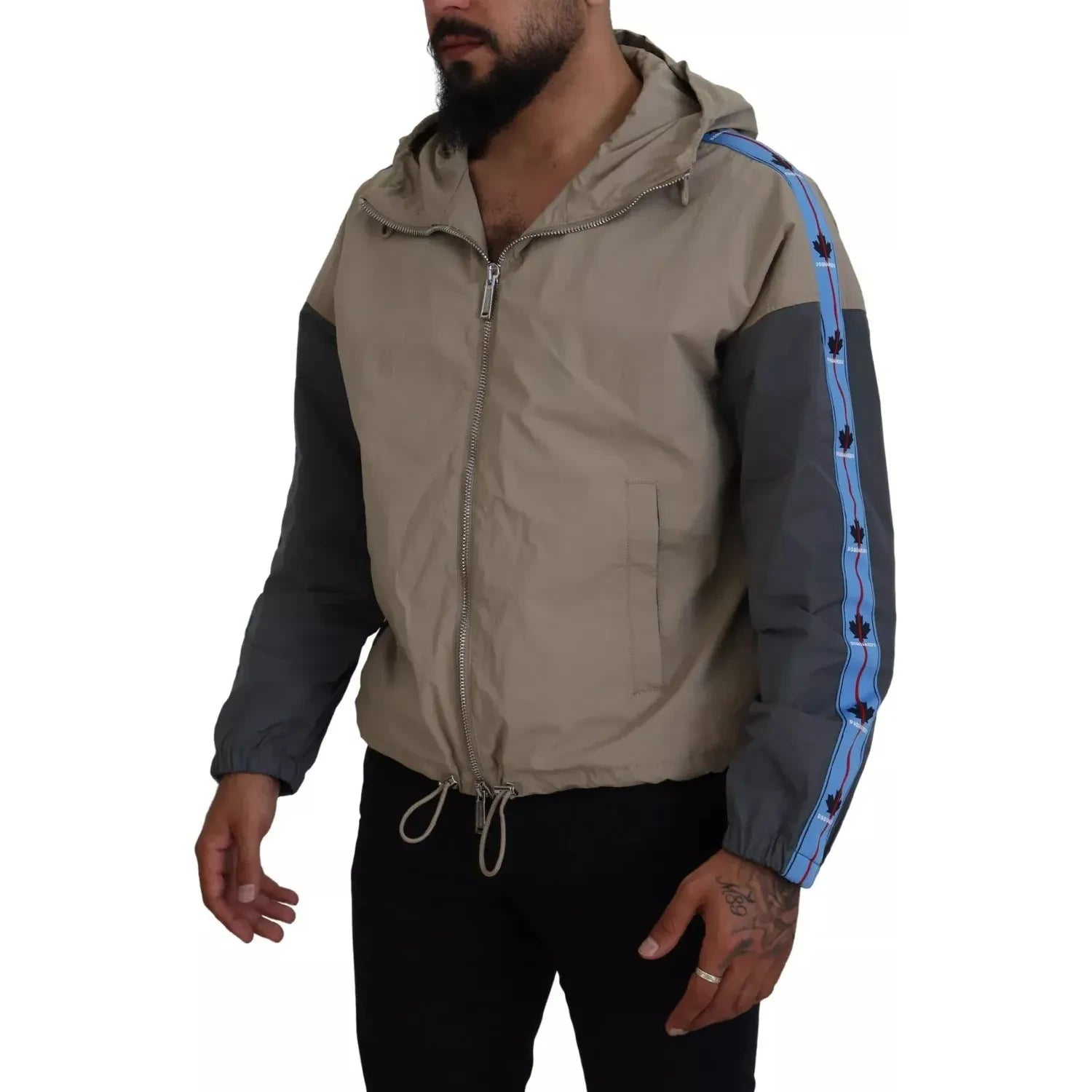 棕灰色袖子连帽全拉链夹克