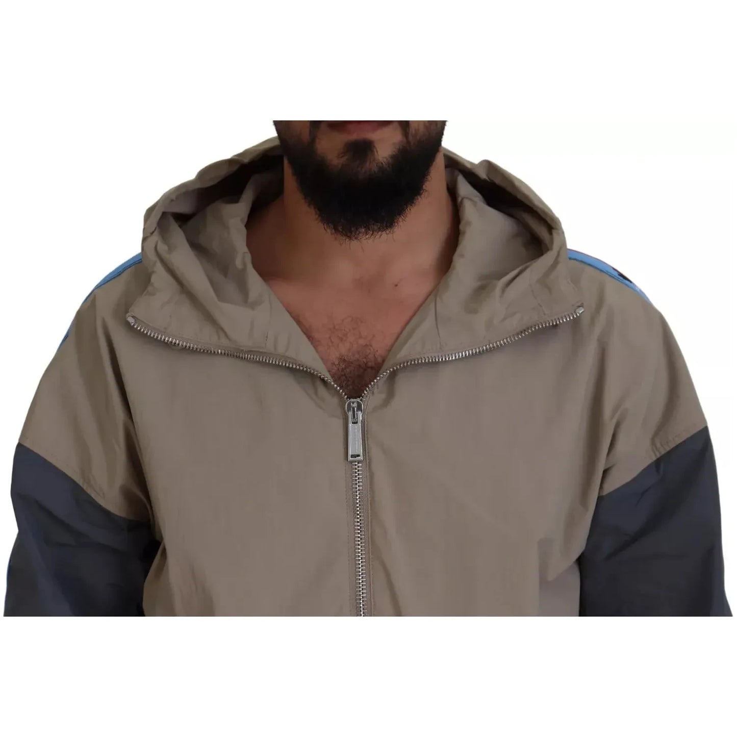 Brown Gray Sleeves Hooded Full Zip Jacket