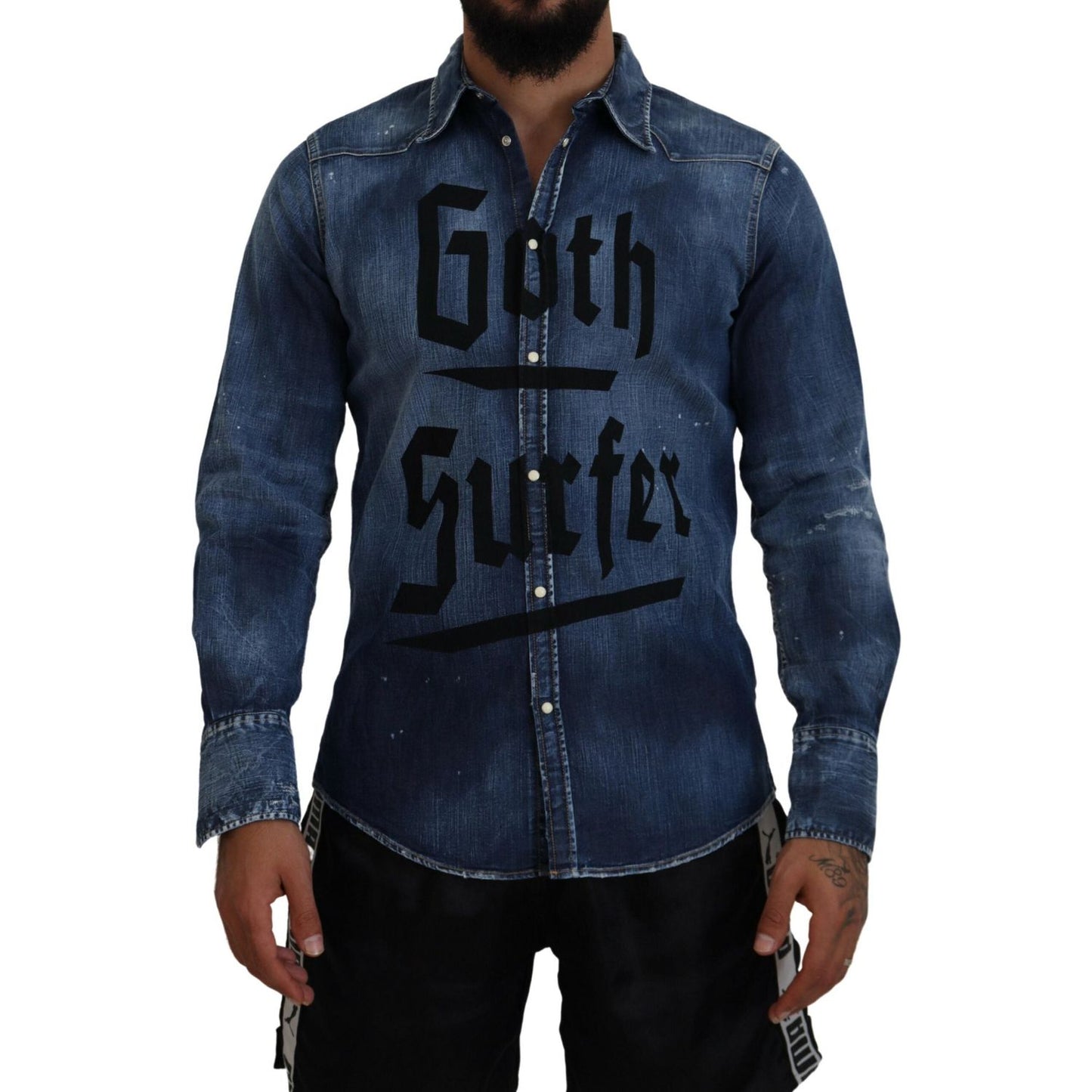 Blue Washed Goth Surfer Print Men Denim Shirt