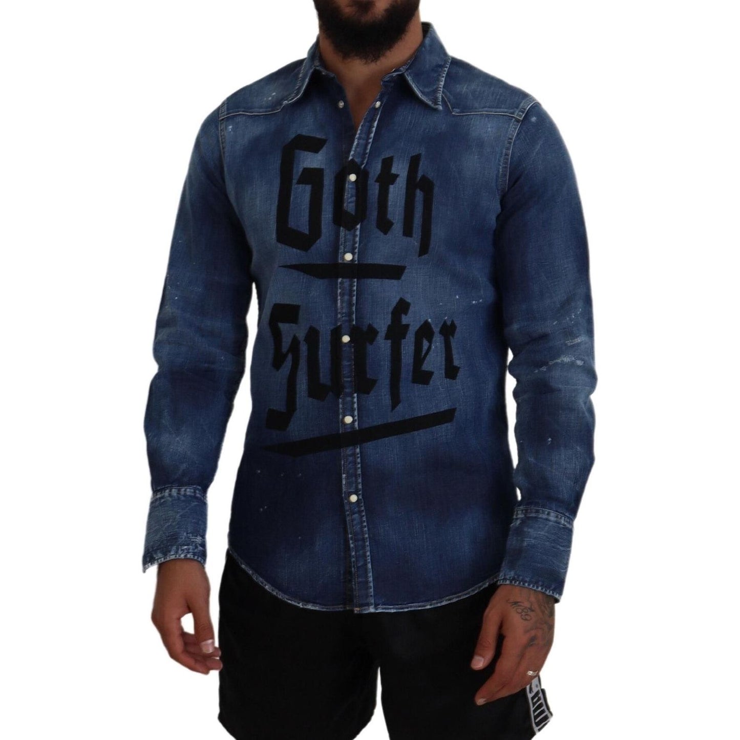 Blue Washed Goth Surfer Print Men Denim Shirt