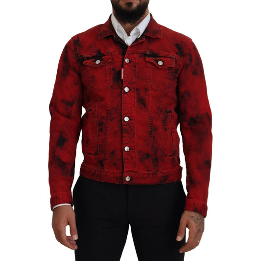 Red Black Tie Dye Collared Men Denim Jacket