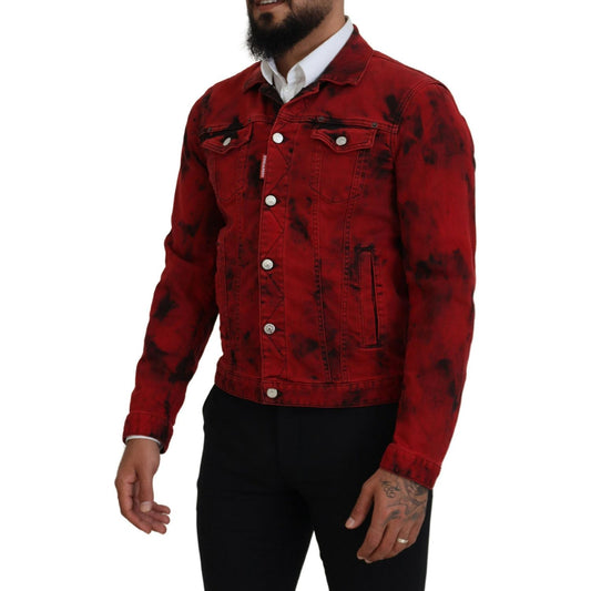 Red Black Tie Dye Collared Men Denim Jacket