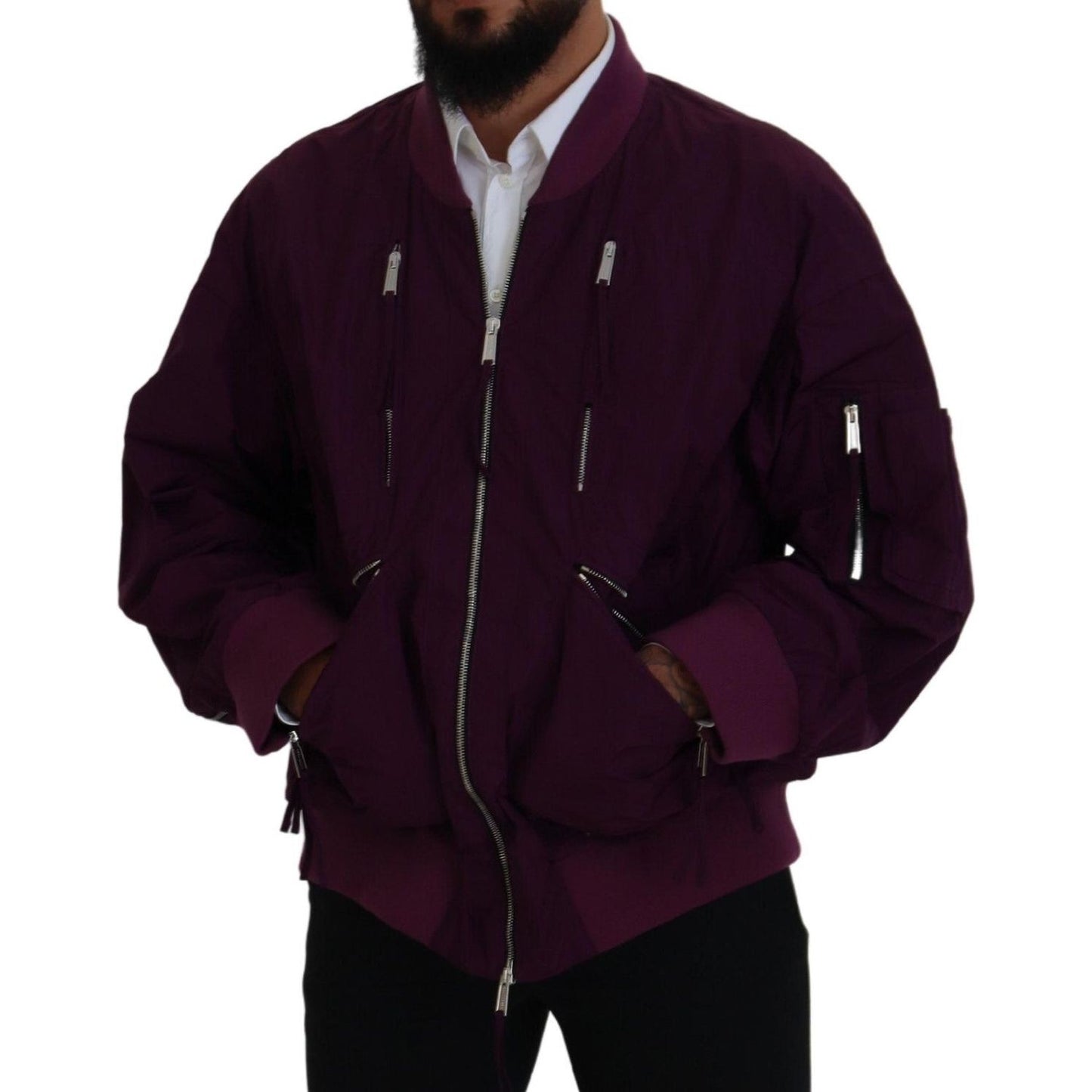 Purple Polyester Full Zipper Bomber Jacket