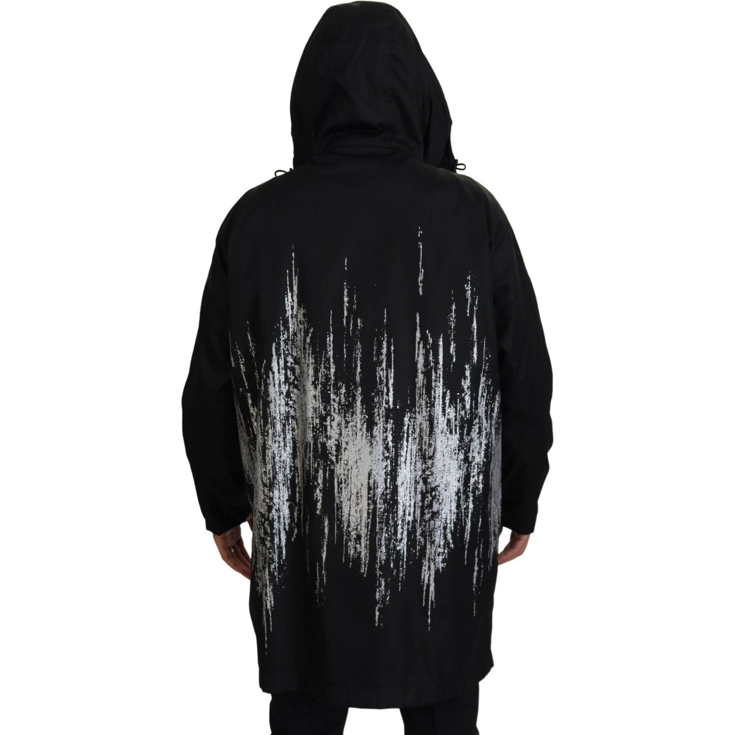 Black White Print Long Hooded Coat Nylon Jacket