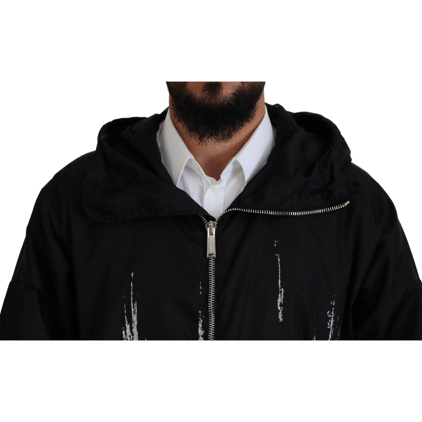 Black White Print Long Hooded Coat Nylon Jacket