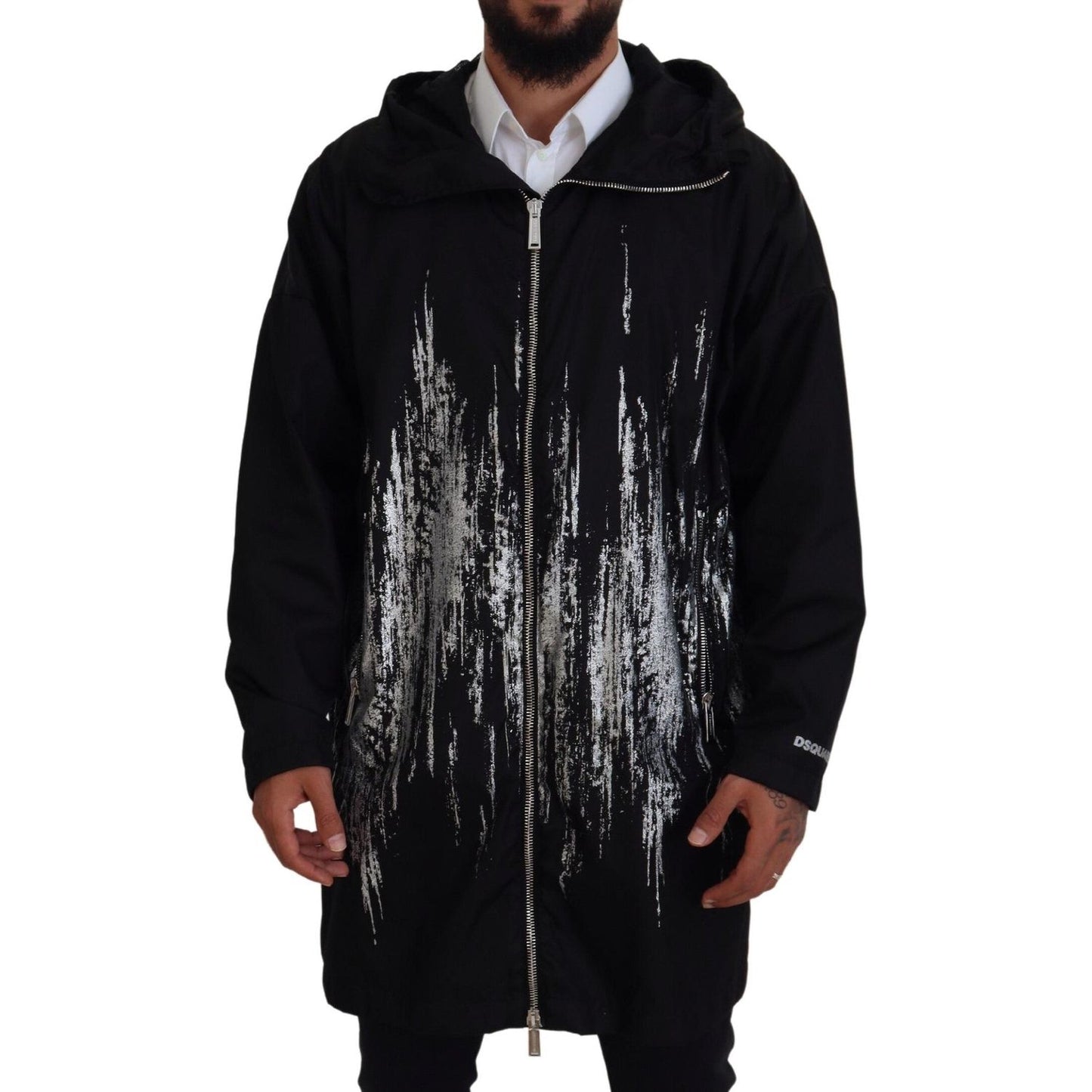 Black White Print Long Hooded Coat Nylon Jacket