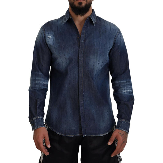 Blue Tattered Crystal Embellished Denim Shirt